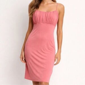 Vero Moda Dress Size M Pink Ruched Bust Empire Waist Spaghetti Strap Midi NWT